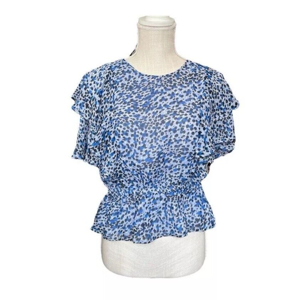 Express Shirt Womens Size Small‎ Blue Leopard Flirty Dollette Preppy Semi-Sheer